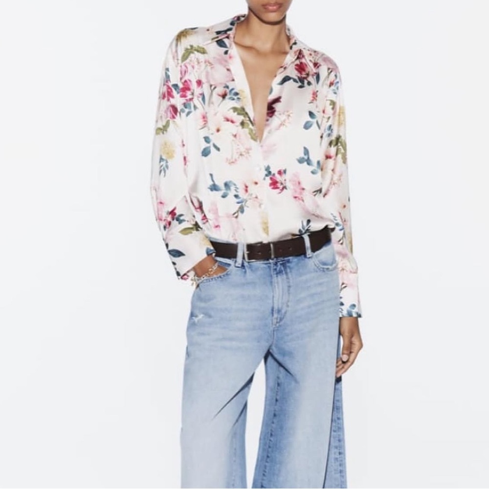Zara Satin Floral Button Down Long Sleeve Blouse - Pink and Green - Picture 3 of 12